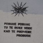 Graffiti with eyes and text on a wall